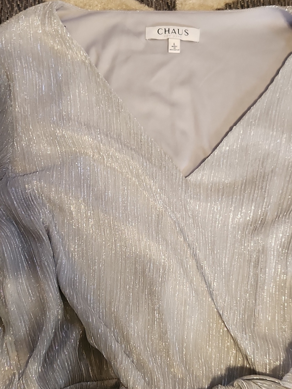 Chaus Light Silver Blue Metallic Pleated Wrap Blouse with Tie - Picture 6 of 6